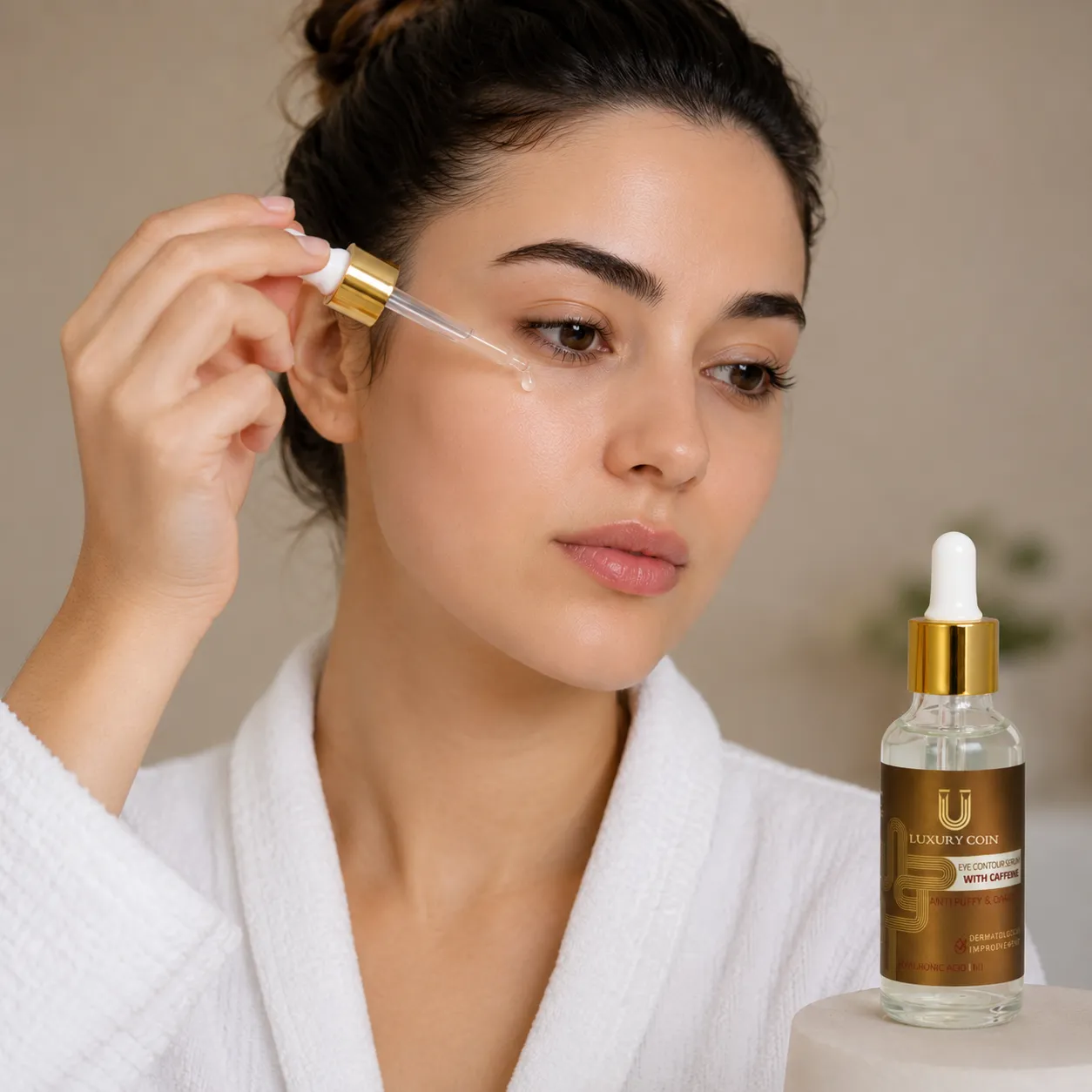 راهنمای گام به گام استفاده صحیح از سرم دور چشم کافئین لاکچری کوین